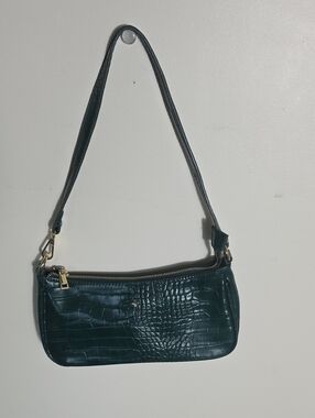 Peta + Jain Croc-Embossed Deep Green Shoulder Bag with Gold Hardware